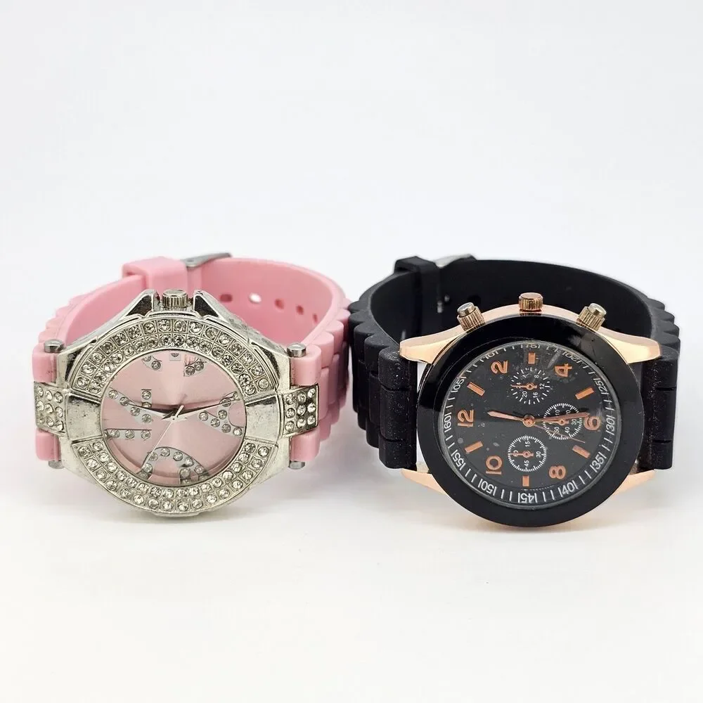 2X Women's Watch 38MM Pink Black Dial Pink Black Plastic Bands New Battery‎